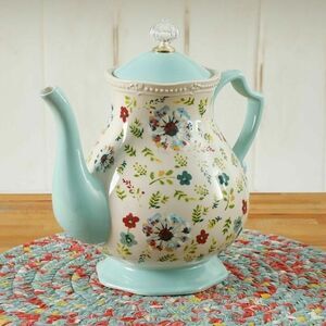 Pioneer Woman Kari Teapot Floral Blue Cream Clear Acrylic Knob Stoneware 2.4-qt